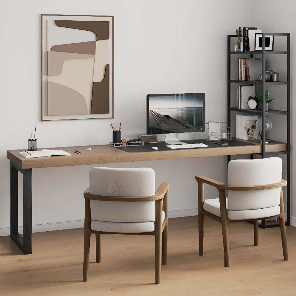 Wood Rectangle Shelf Double Computer Desk — Without Chairs