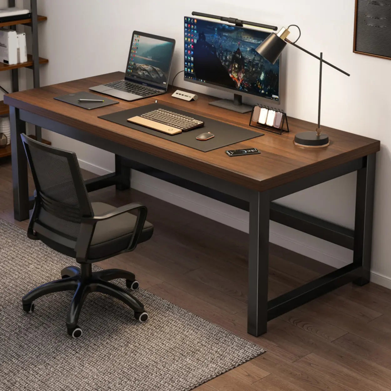 Rectangular Wood Metal H-Base Writing Desk — Brown / Table Only