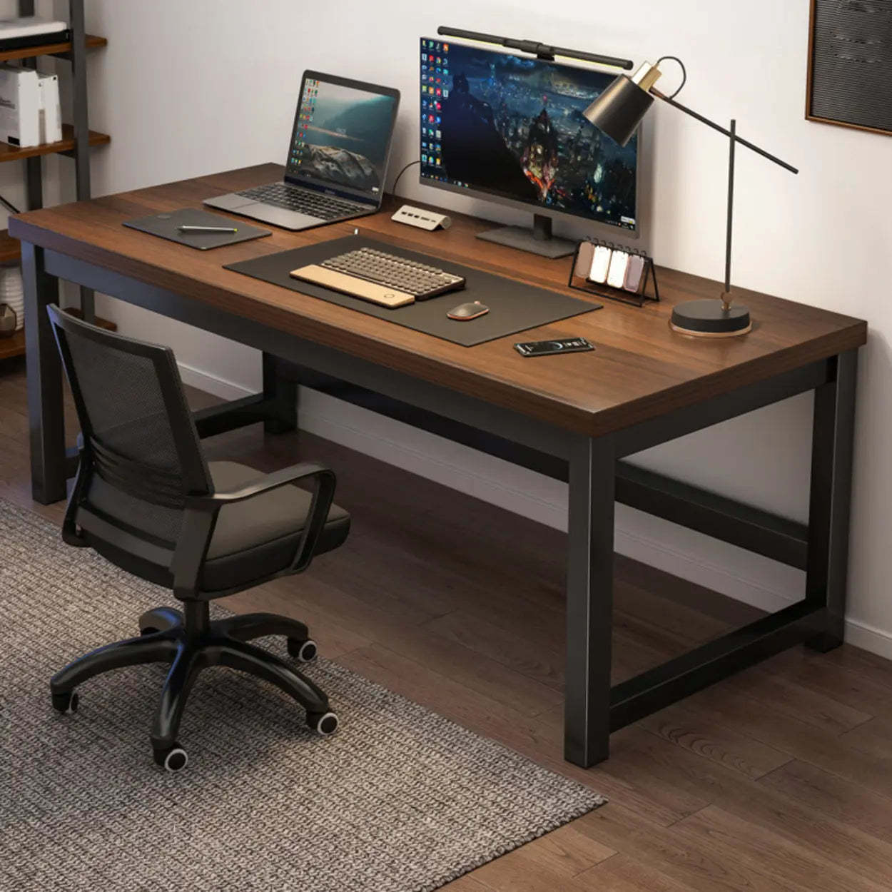 Rectangular Wood Metal H-Base Writing Desk — Brown / Table Only