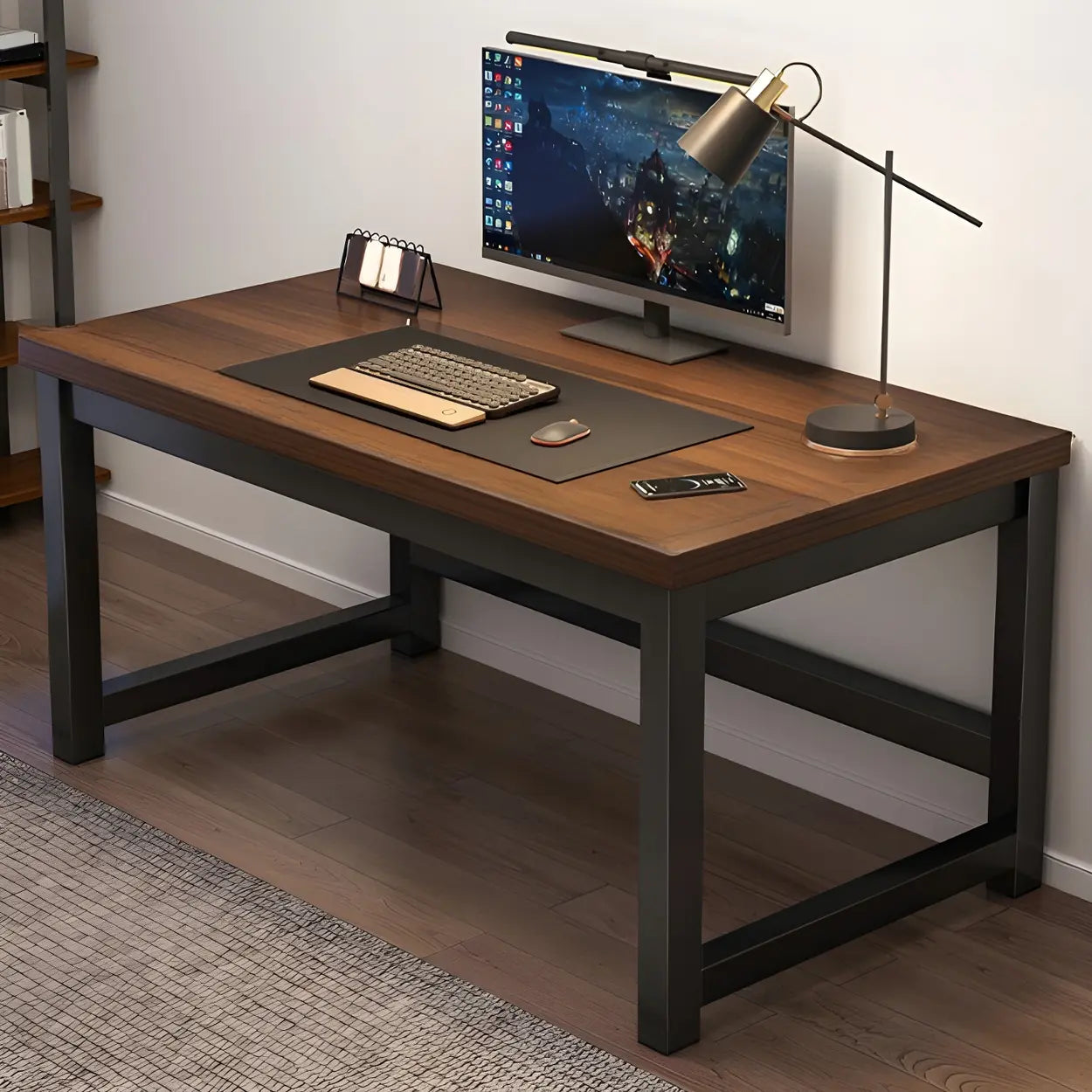 Rectangular Wood Metal H-Base Writing Desk — Brown / Table Only