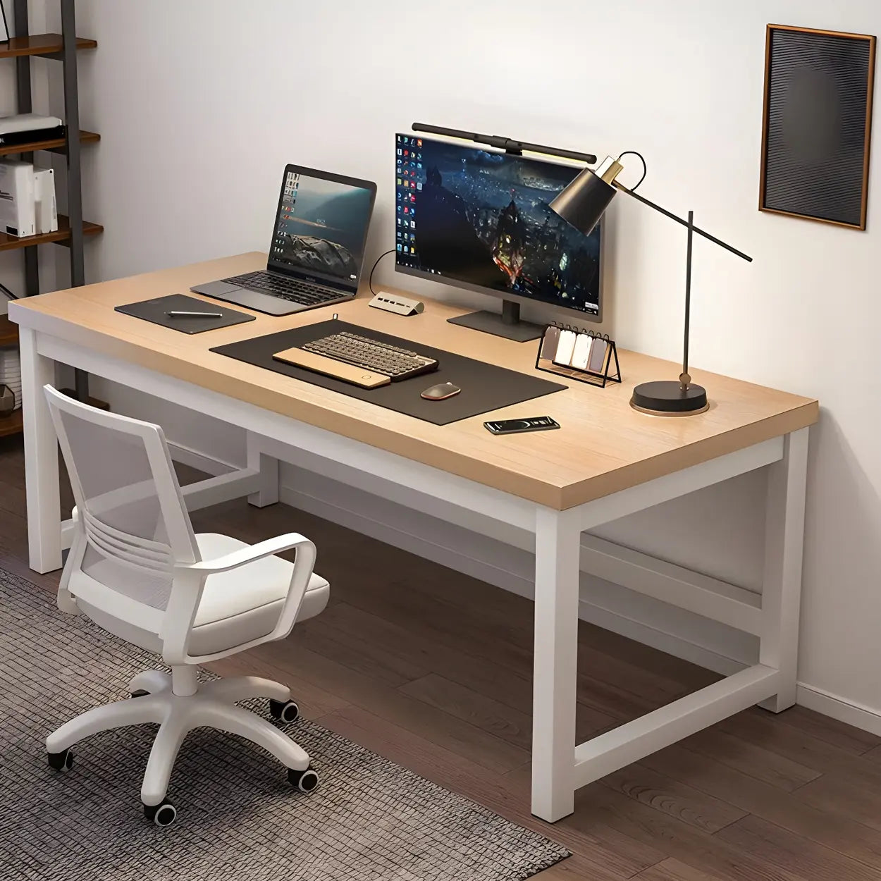 Rectangular Wood Metal H-Base Writing Desk — Brown / Table Only