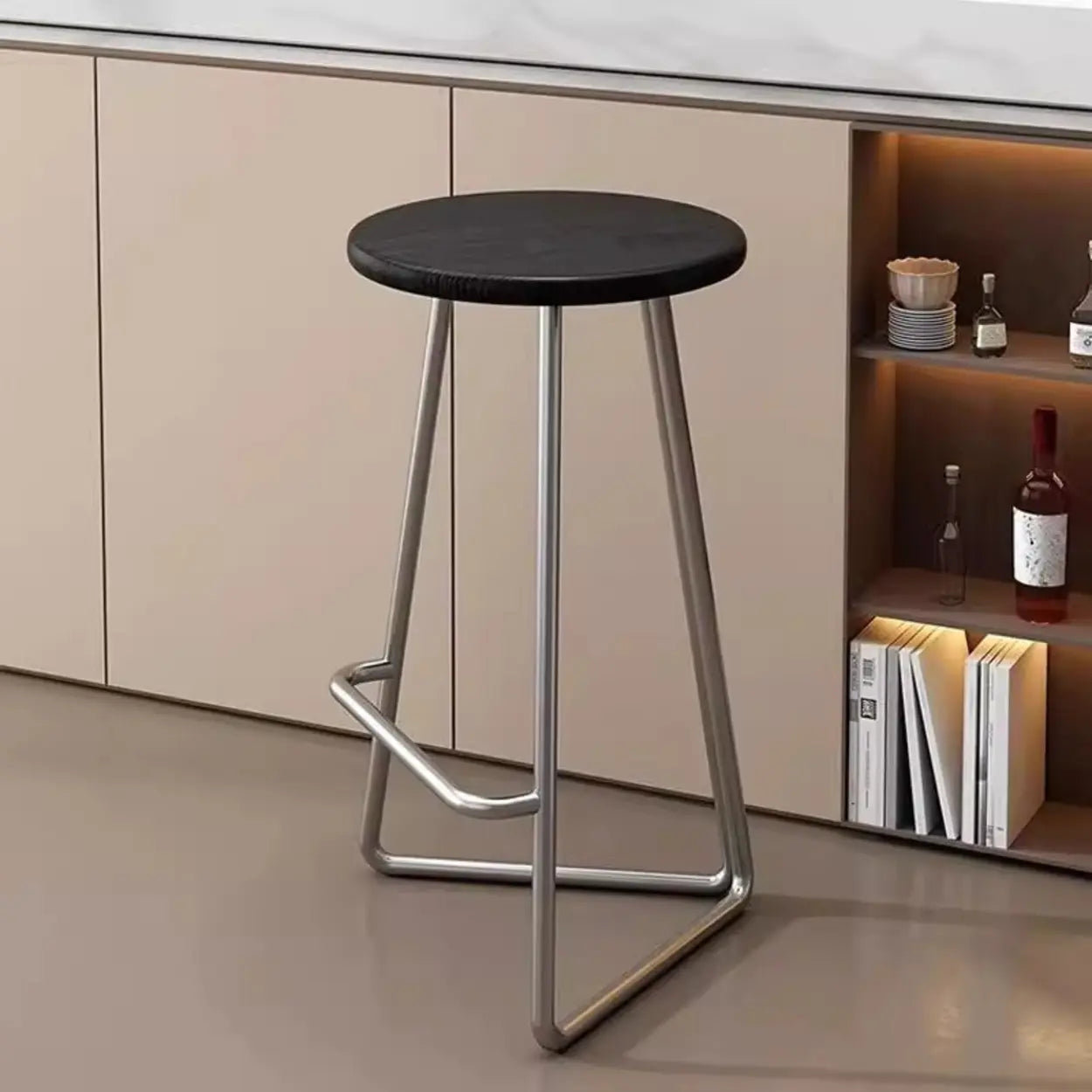 Round Wood Metal-Tripod Bar Stool — Black / Black