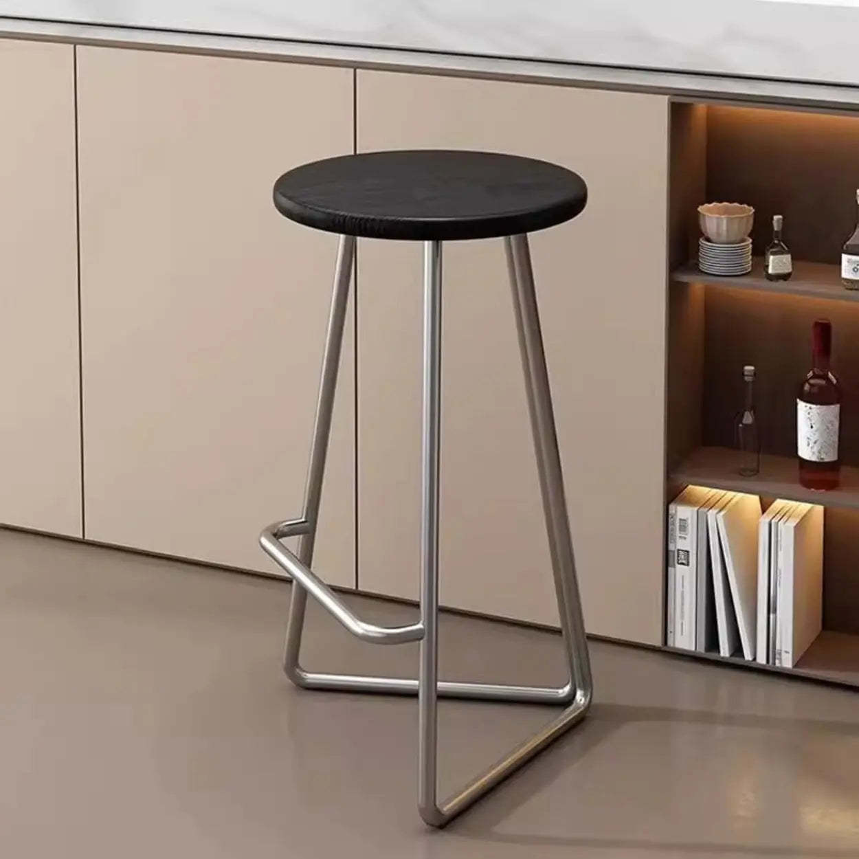 Round Wood Metal-Tripod Bar Stool — Black / Black