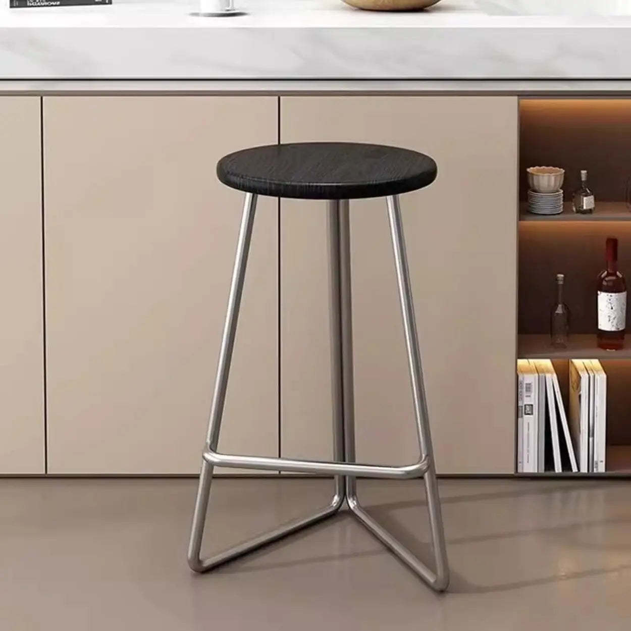 Round Wood Metal-Tripod Bar Stool — Silver / Black