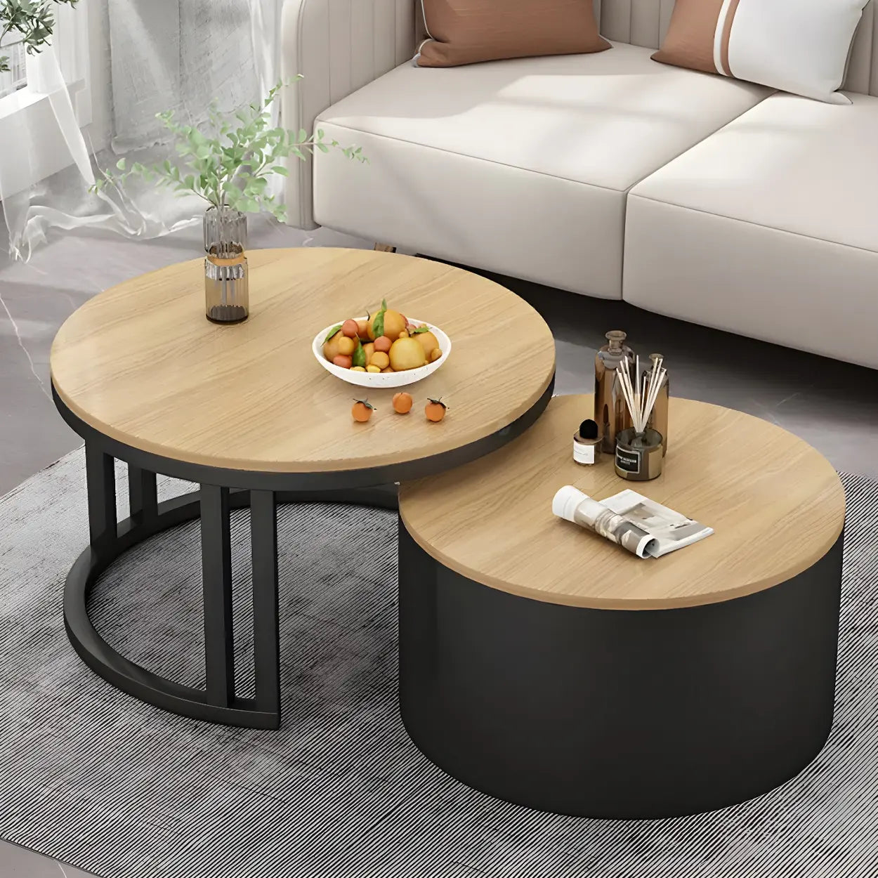 Round Storage Nesting Coffee Tables — Black / Floralwhite