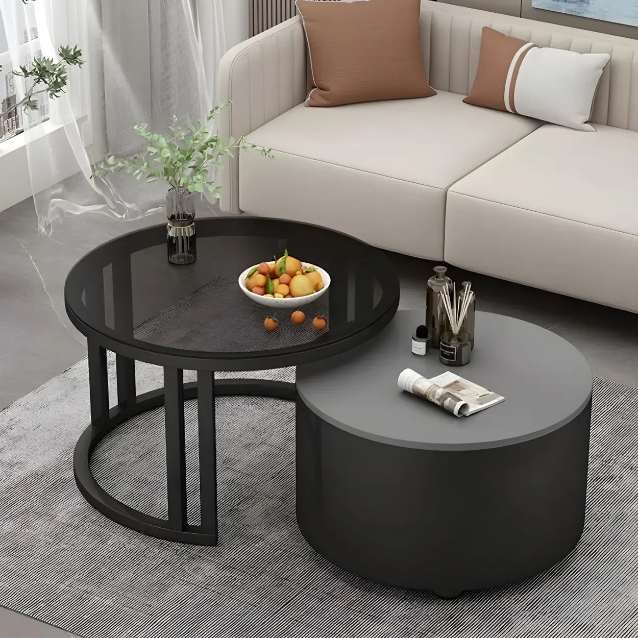 Round Storage Nesting Coffee Tables — White / Gray