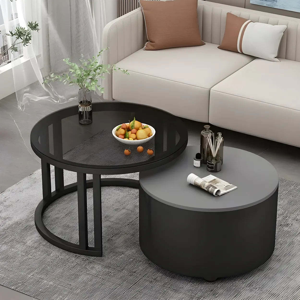 Round Storage Nesting Coffee Tables — White / Gray