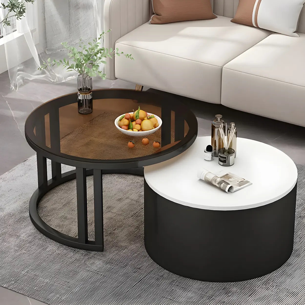 Round Storage Nesting Coffee Tables — White / Natural