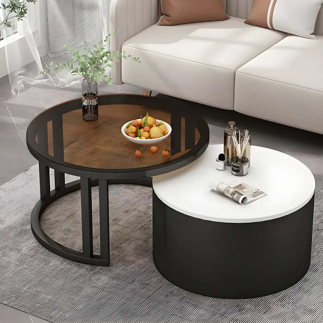 Round Storage Nesting Coffee Tables — White / Natural