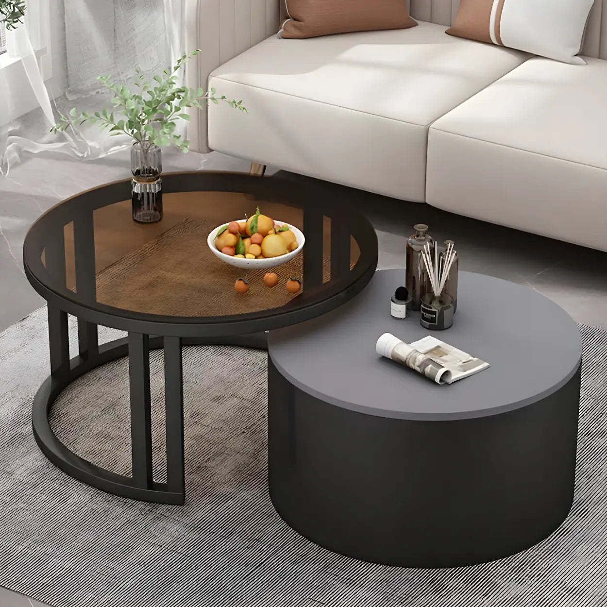 Round Storage Nesting Coffee Tables — White / Brown/  Gray