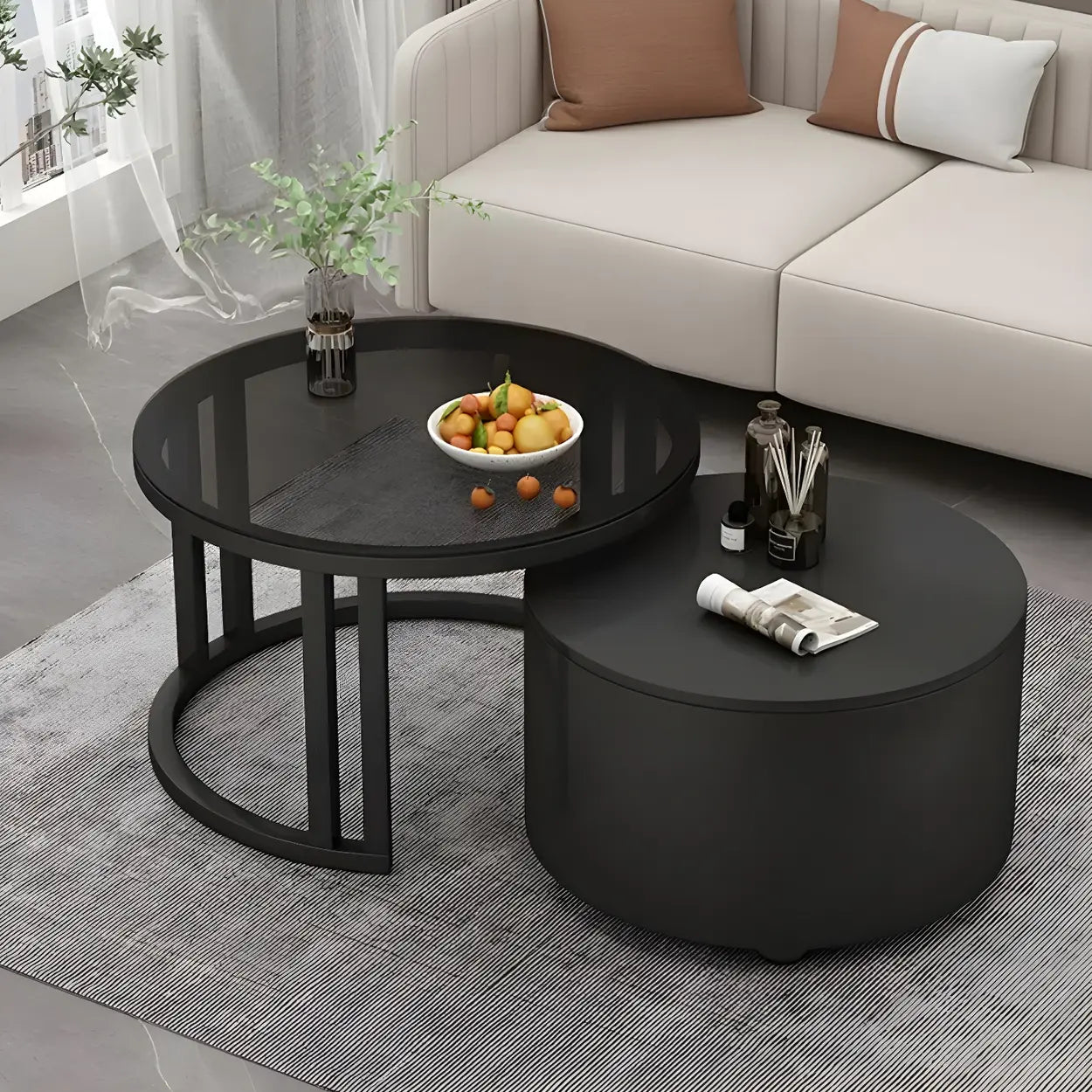 Round Storage Nesting Coffee Tables — Black / Gray