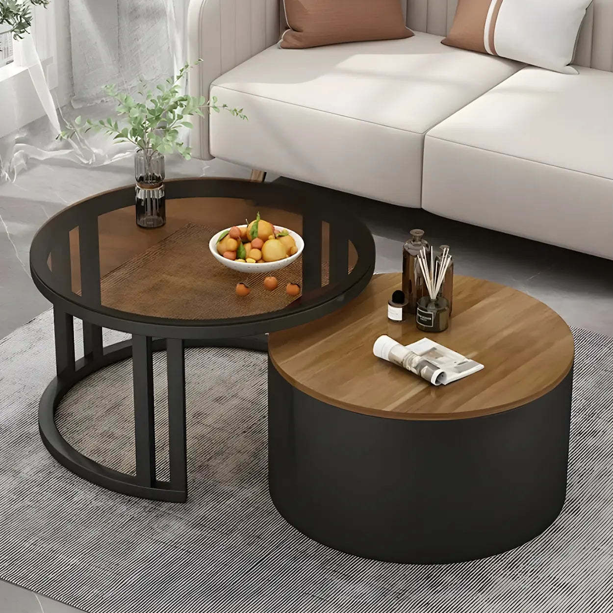 Round Storage Nesting Coffee Tables — White / Natural/ Brown