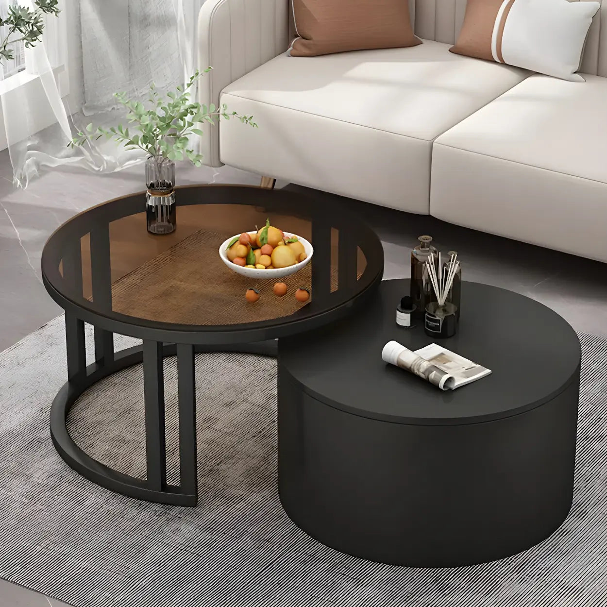 Round Storage Nesting Coffee Tables — White / Brown/ Clear