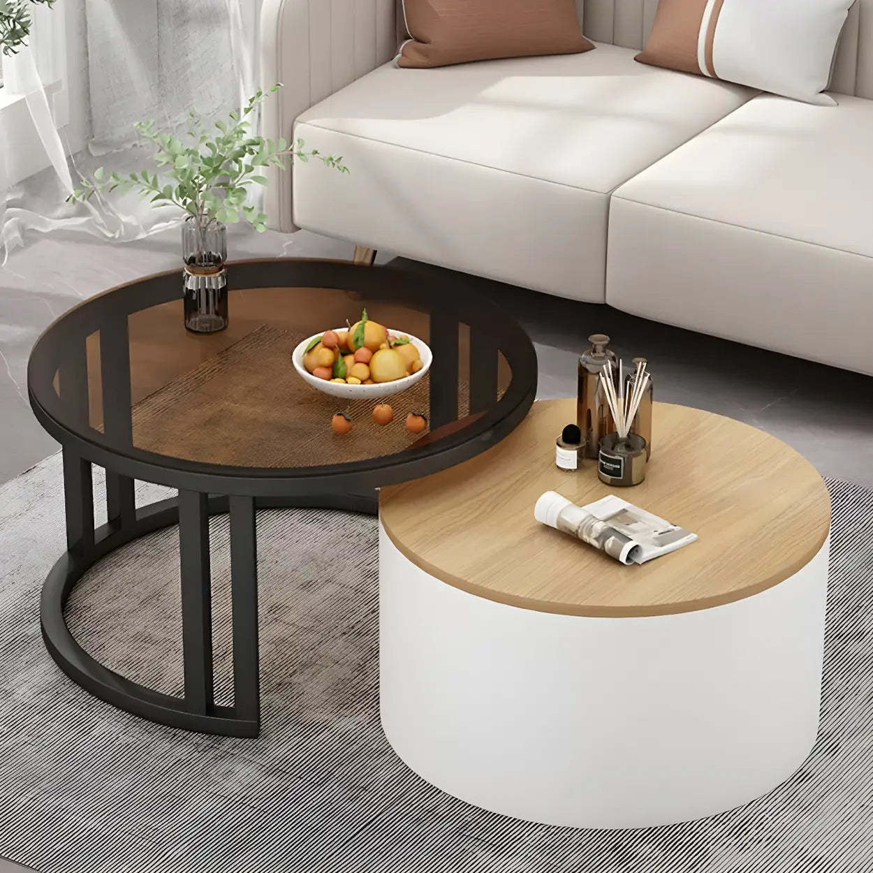 Round Storage Nesting Coffee Tables — White / Natural/ Clear