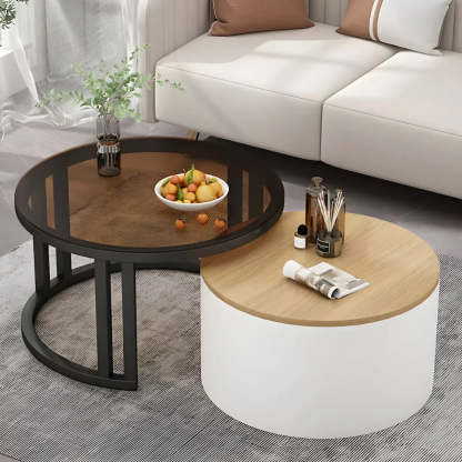 Round Storage Nesting Coffee Tables — White / Natural/ Clear