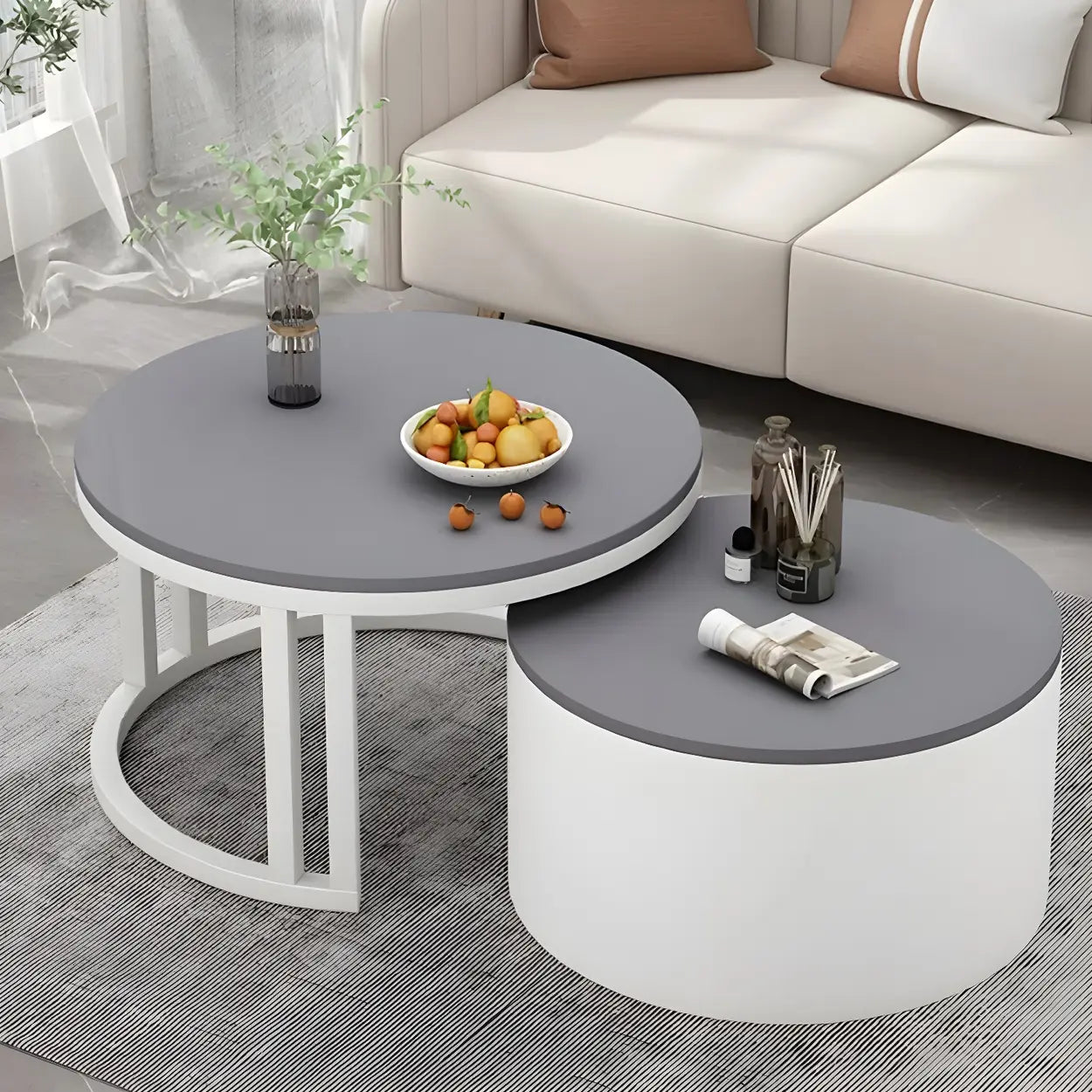 Round Storage Nesting Coffee Tables — White / Gray/ Clear
