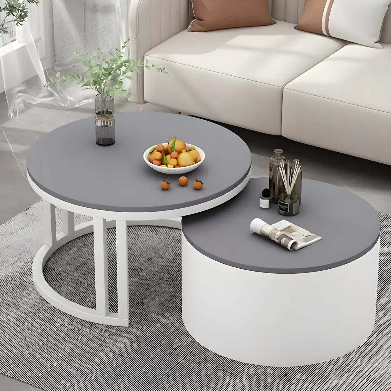 Round Storage Nesting Coffee Tables — White / Gray/ Clear