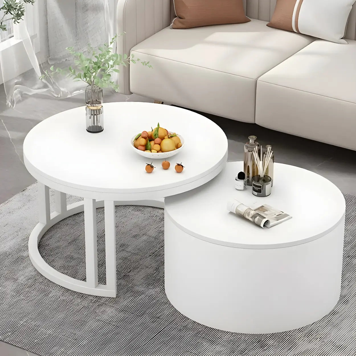 Round Storage Nesting Coffee Tables — White / White/ Clear