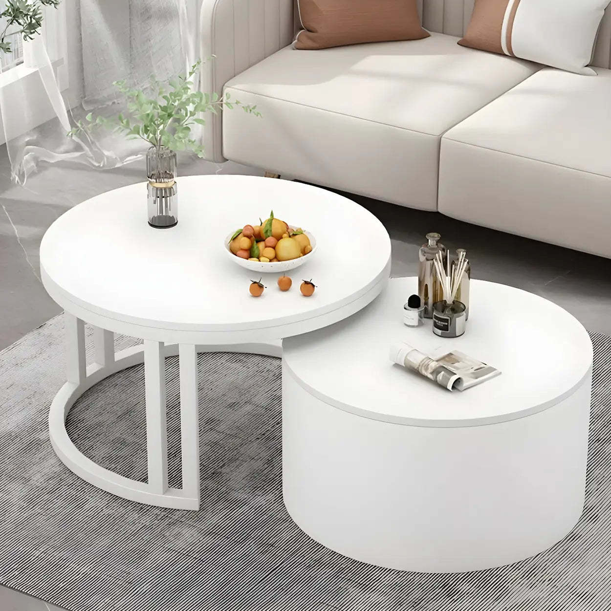 Round Storage Nesting Coffee Tables — White / White/ Clear