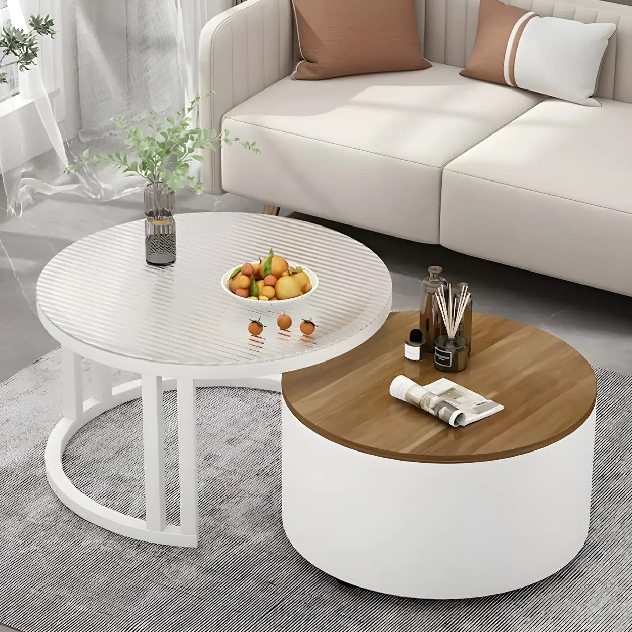 Round Storage Nesting Coffee Tables — White/ Gold / Grey/ White