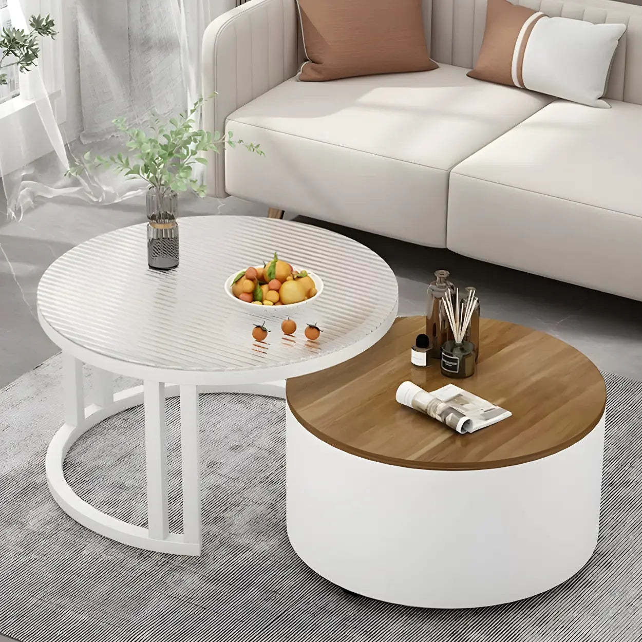 Round Storage Nesting Coffee Tables — White/ Gold / Grey/ White