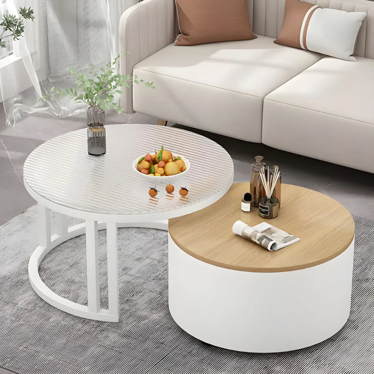 Round Storage Nesting Coffee Tables — White/ Gold / Brown-White