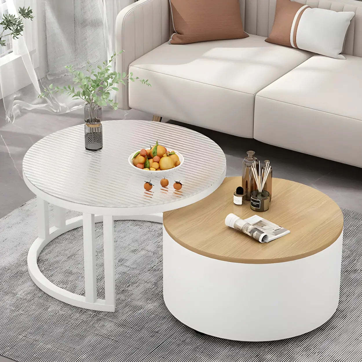 Round Storage Nesting Coffee Tables — White/ Gold / Brown-White
