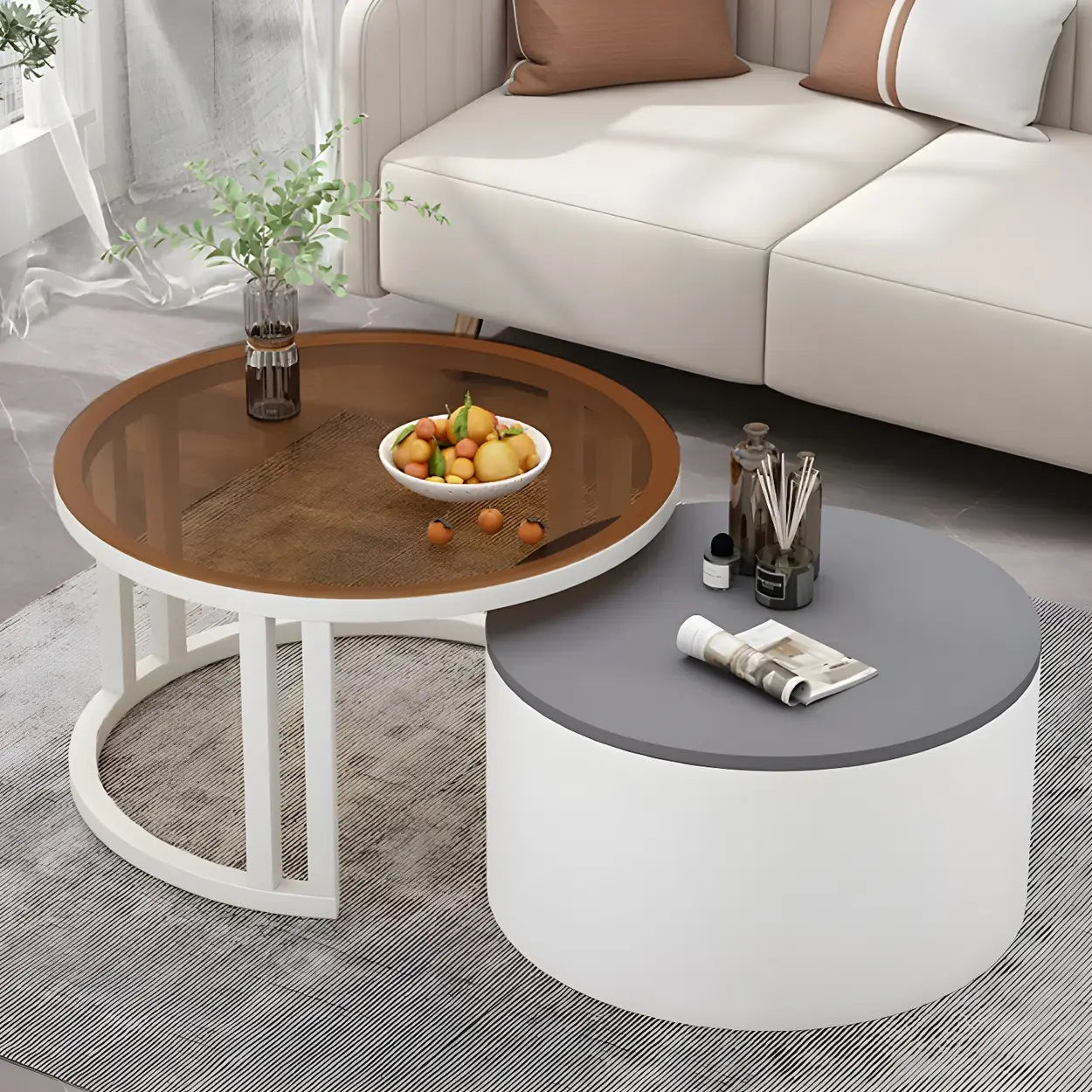 Round Storage Nesting Coffee Tables — White/ Gold / White/ Grey
