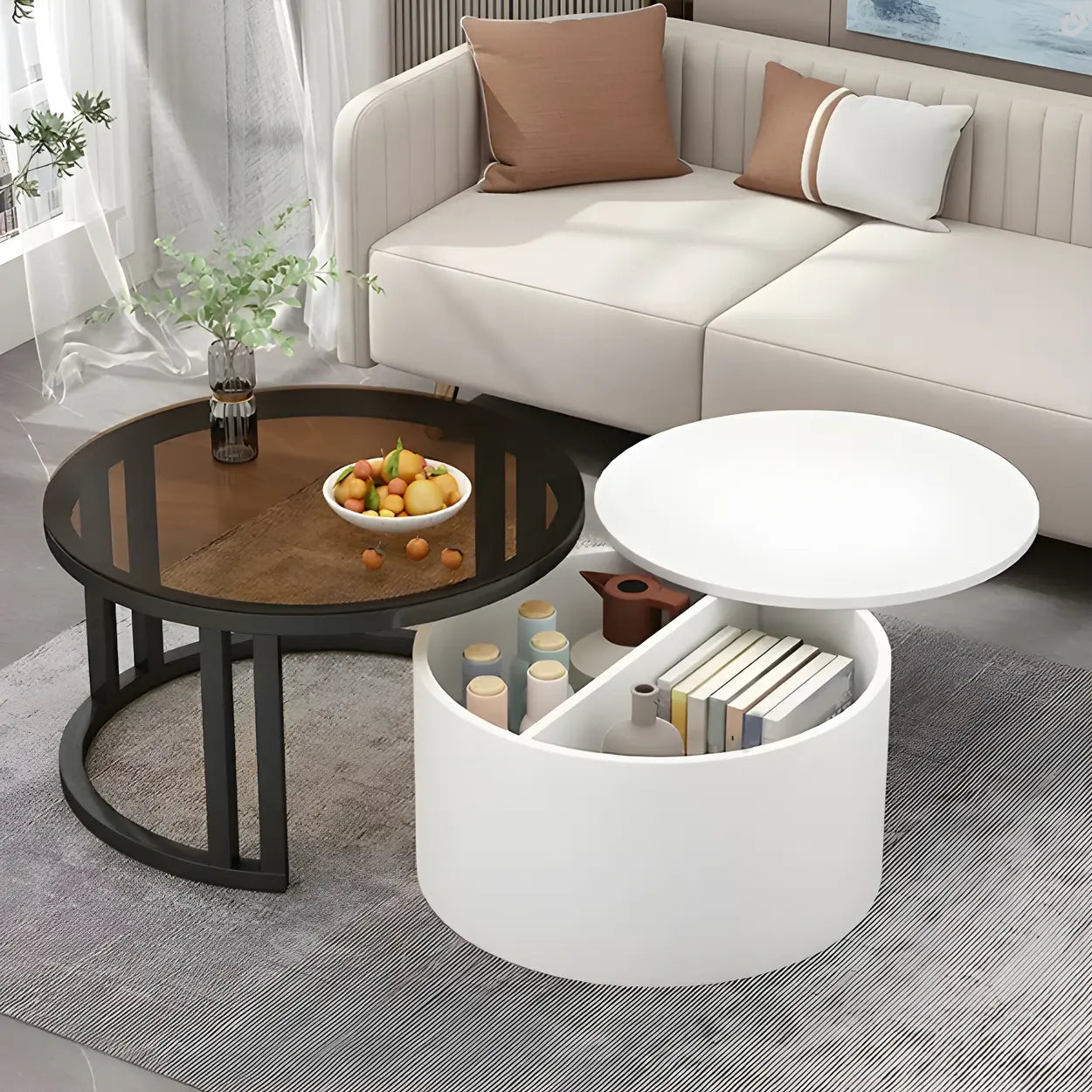 Round Storage Nesting Coffee Tables — Black / Black/ White