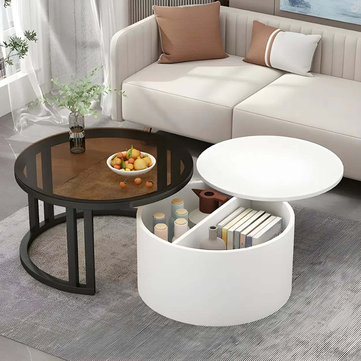 Round Storage Nesting Coffee Tables — Black / Black/ White