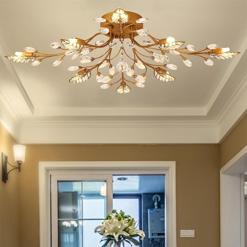 Vintage Crystal Branches Leaf Semi-Flush Mount Chandelier | 8-Light LED, 31.19'' Wide, Antique Brass-Lighom