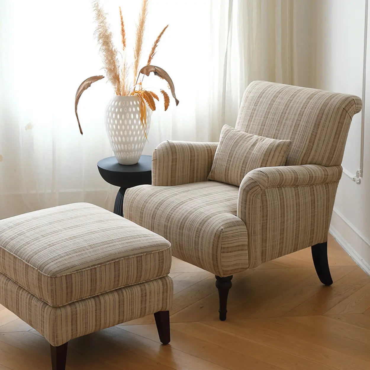 Yellow Striped Accent Chair with Ottoman