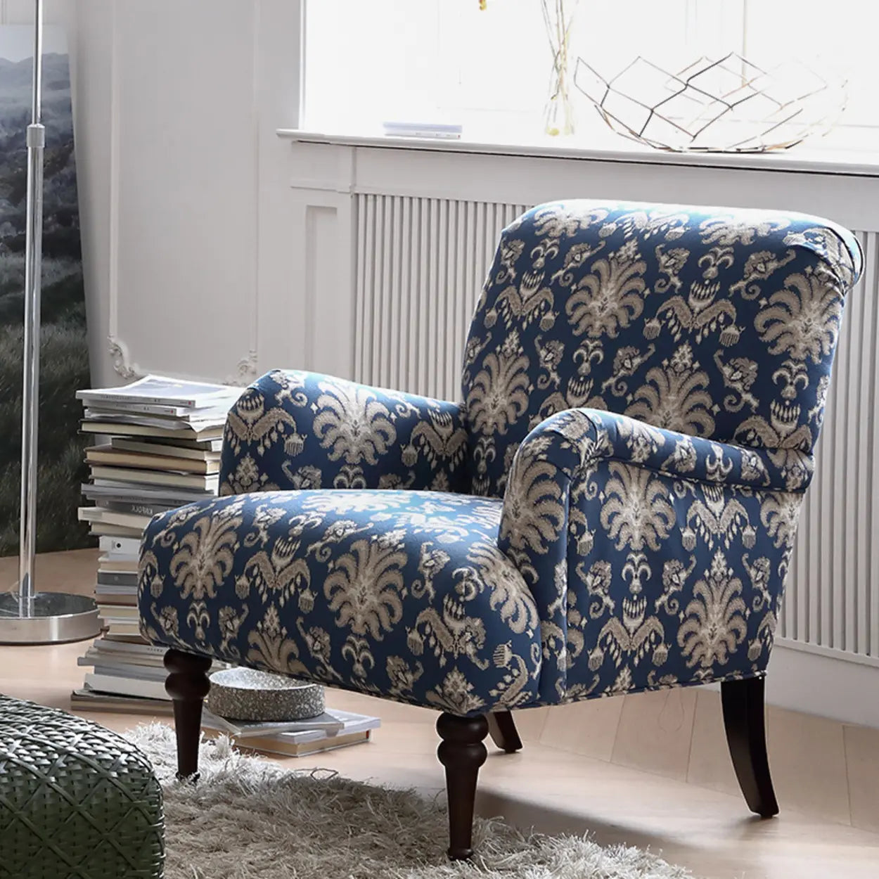 Yellow Striped Accent Chair with Ottoman — Blue / Accent Chair with Ottoman / Cotton and Linen