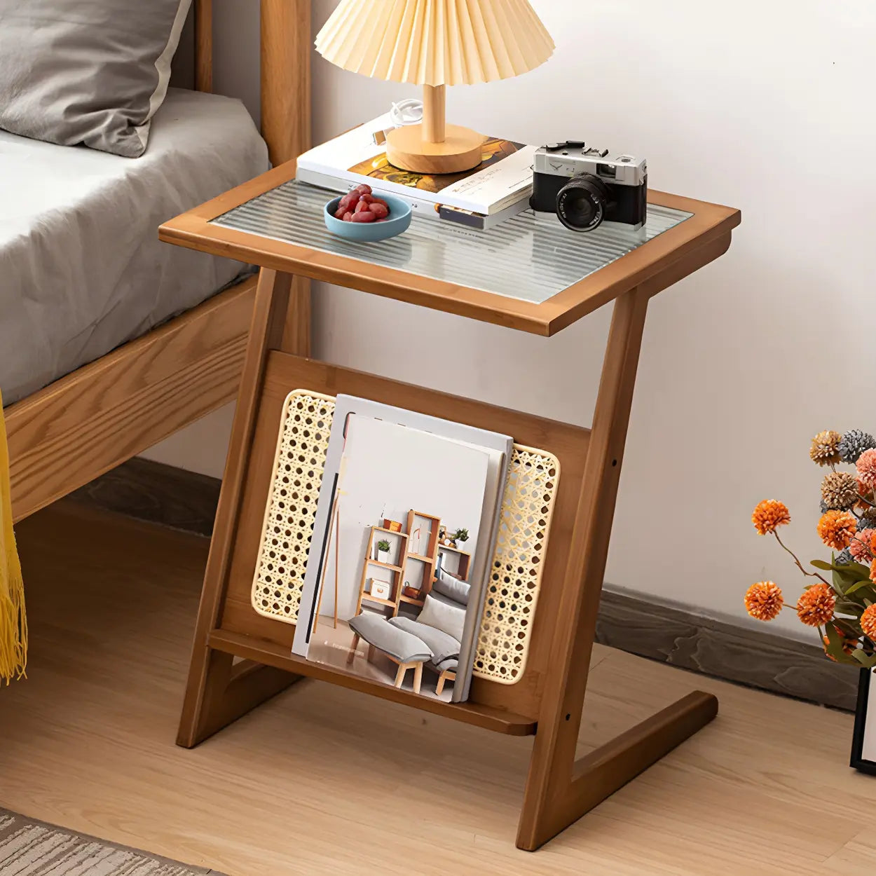 Z-Shaped Natural Rattan Small Nightstand with Glass Top