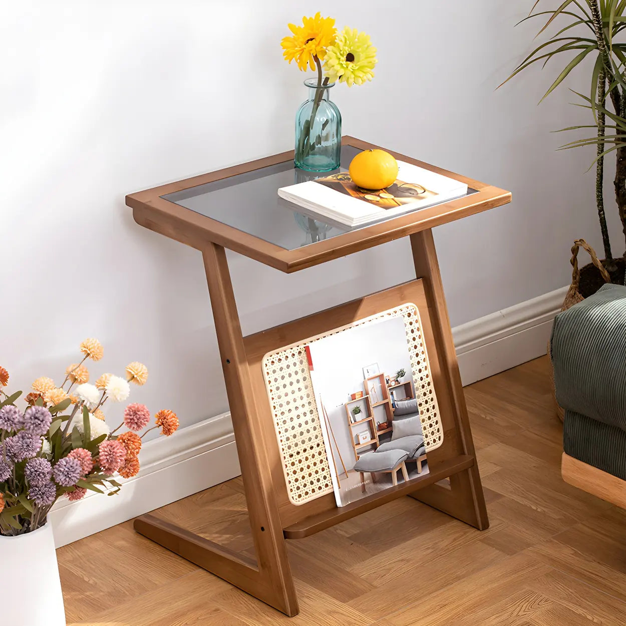 Z-Shaped Natural Rattan Small Nightstand with Glass Top — Natural Finish / Brown
