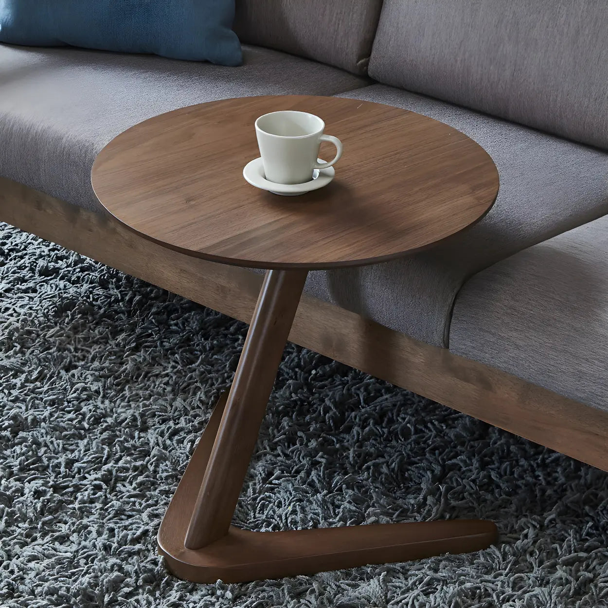 Z-Shaped Walnut Round Wood Side Table — Natural Finish / 1