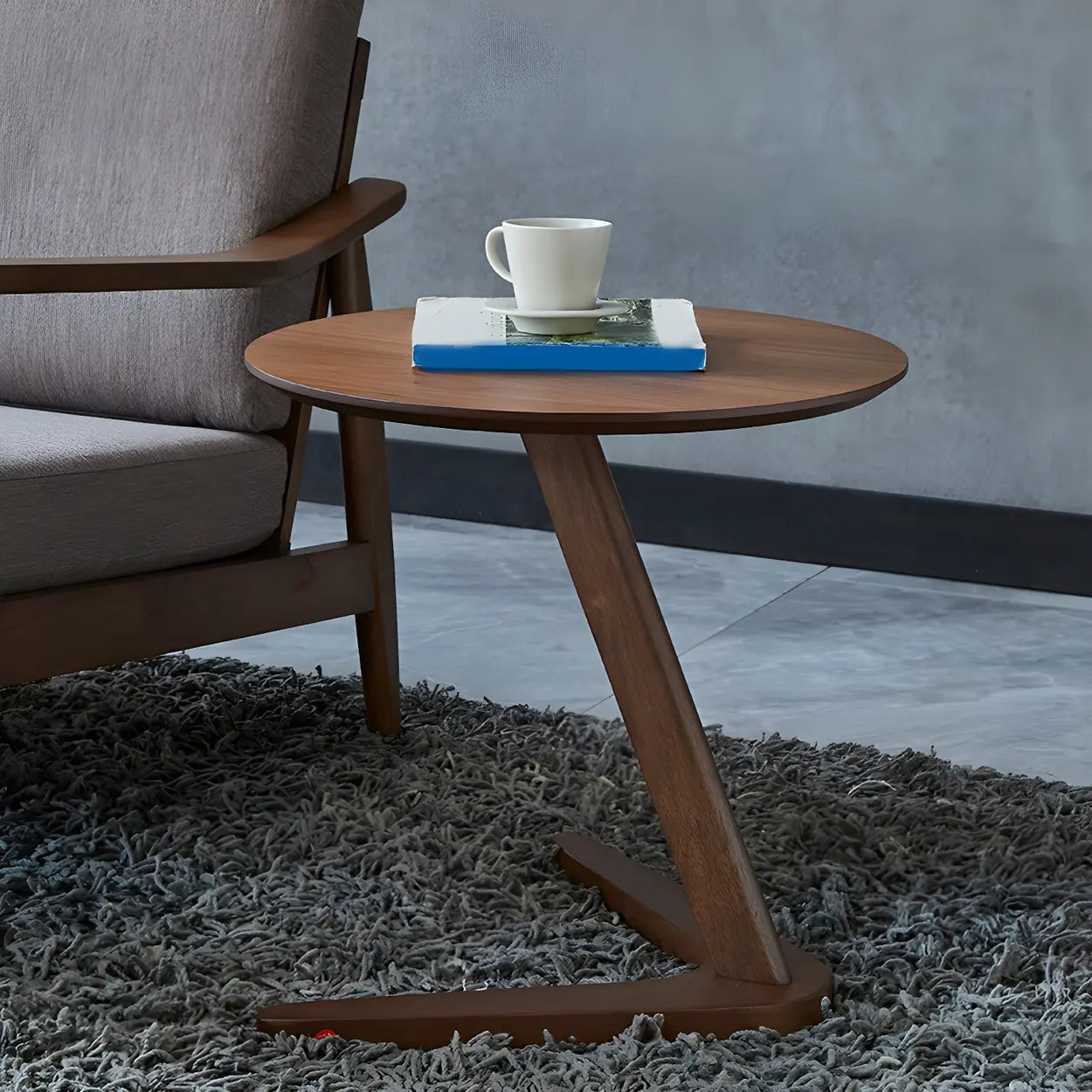 Z-Shaped Walnut Round Wood Side Table