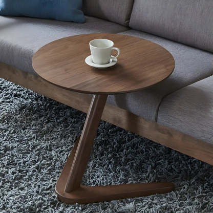 Z-Shaped Walnut Round Wood Side Table — Natural Finish / 1