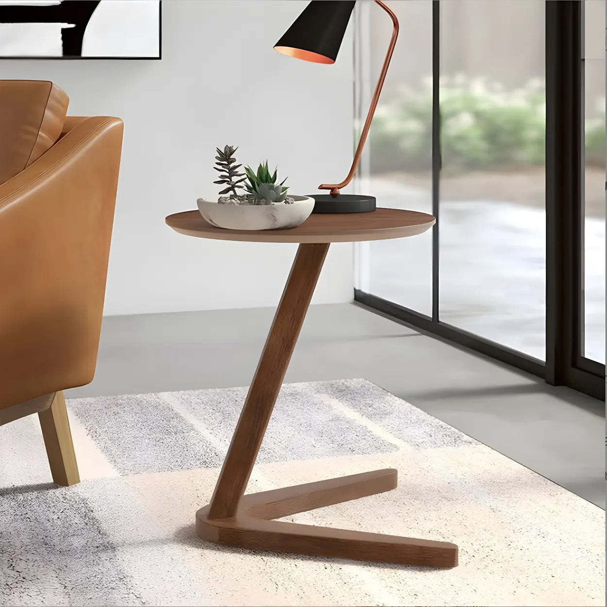 Z-Shaped Walnut Round Wood Side Table — Natural Finish / 2