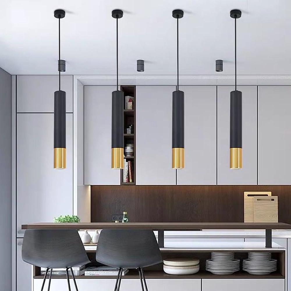 Elongated Cylinder Black and Gold Metal Shade LED Modern Pendant Light Island Hanging Lights-Lighom