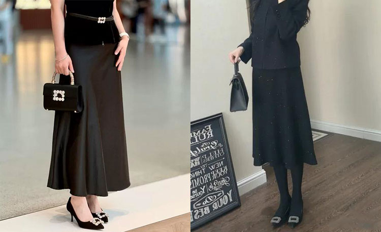 クリスマス-パーティー-黒-コーデ-ブラック-ベルベット-スカート-に-合わせた-同じ-素材-の-エレガント-な-ダイヤモンド-バックル-尖頭-パンプス-全身-黒-の-大人-の-おしゃれ