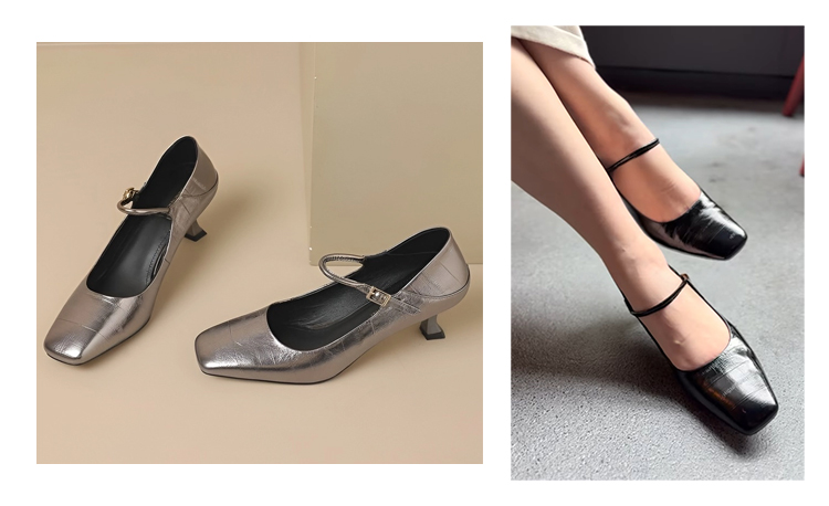 スクエアトゥ と キトゥン ヒール クローズアップ 本革 の 質感 が わかる おしゃれ パンプス 足先 こだわり デザイン