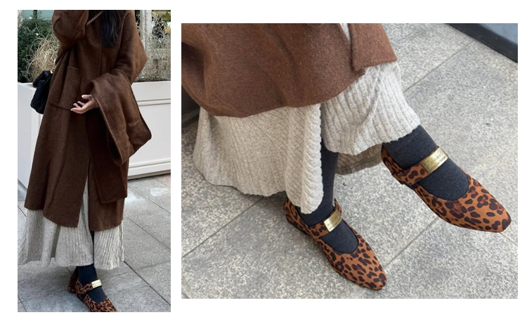 歩行時のズレや踵の浮きを徹底解消する、レオパード柄ストラップパンプス。甲をしっかり包み込む設計で安定感があり、落ち着いたブラウンが秋冬の様々なコーディネートの主役を務める一足。