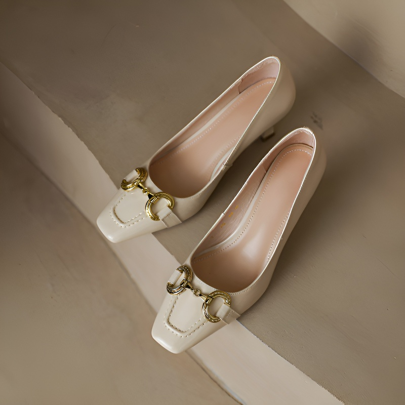 KENPOGEN スクエアトゥパンプス 本革靴 ビットモチーフ 6cmUP ピンヒール 歩きやすい 通勤