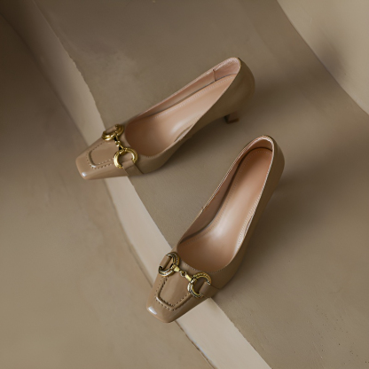 KENPOGEN スクエアトゥパンプス 本革靴 ビットモチーフ 6cmUP ピンヒール 歩きやすい 通勤