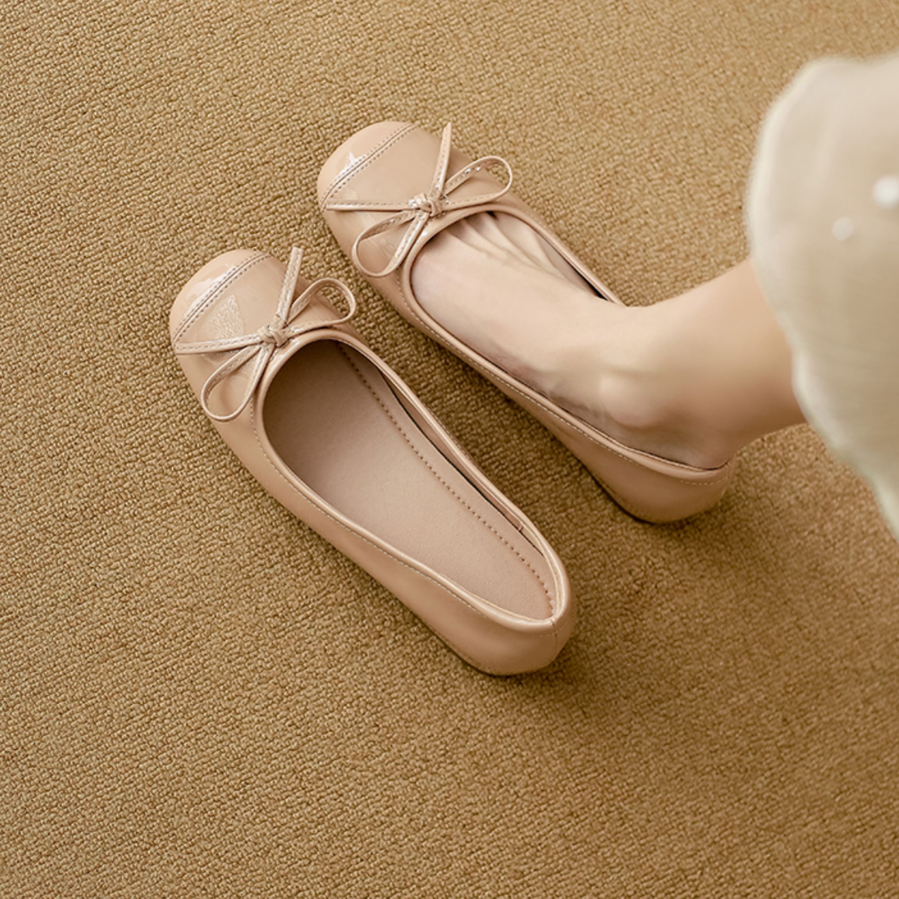 小さいサイズ インヒールエナメルバレエシューズ 5cmUP 晴雨兼用 柔らか　ベージュ