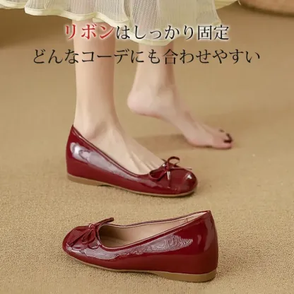 KENPOGEN バレエシューズ エナメルパンプス インヒール5cmUP リボン 晴雨兼用 柔らか