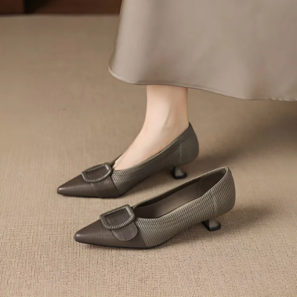 KENPOGEN バックルモチーフパンプス 羊革 手作り 4cmUP ポインテッドトゥシューズ 柔らかい 歩きやすい