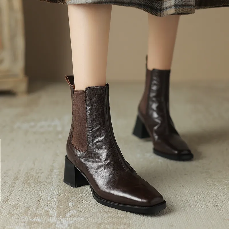 KENPOGEN サイドゴアブーツ 5cmUP チャンキーヒール スクエアトゥ 柔らかい 着脱簡単 秋冬用