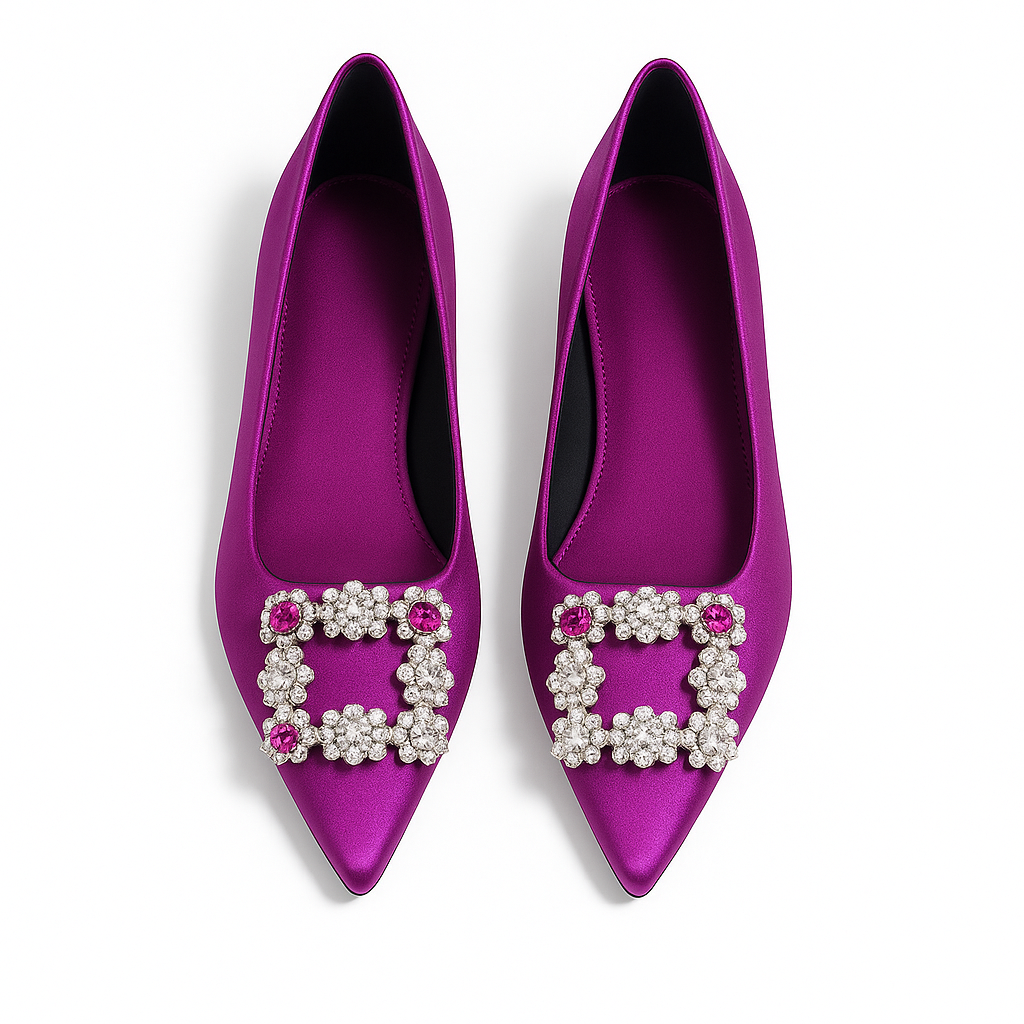 小さいサイズ 　ビジュー付き　バックルパンプス 　インヒール 5cmUP 　上品　 結婚式　パープル